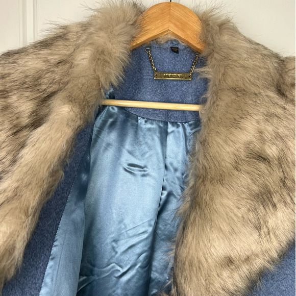 EUC IMAN M Blue PLATINUM CITY Boucle Wool  Faux Fur REMOVABLE COLLAR Trench - Picture 3 of 7